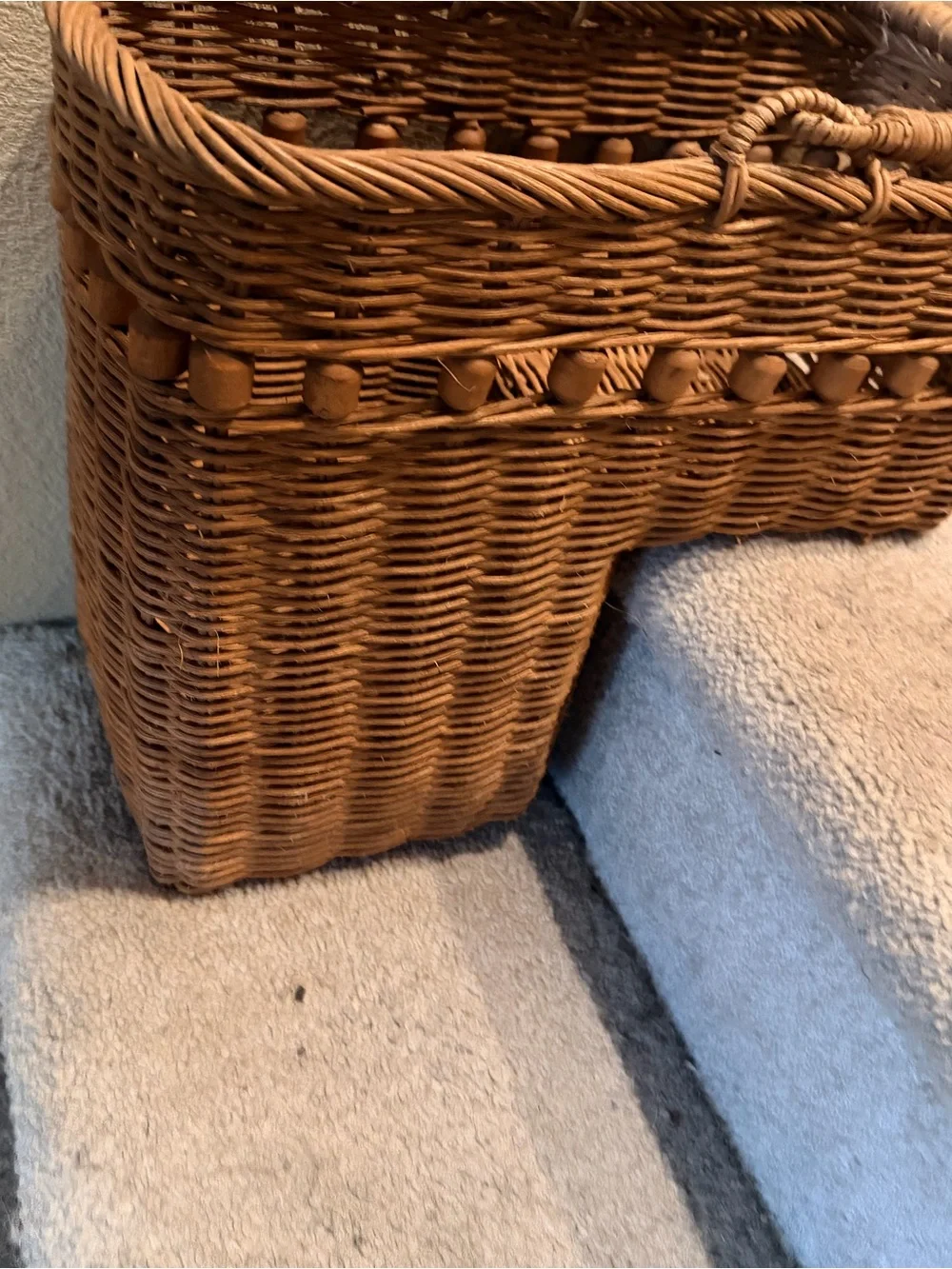 Vintage Stairs Woven Rattan Beaded Accent Basket in Warm Brown